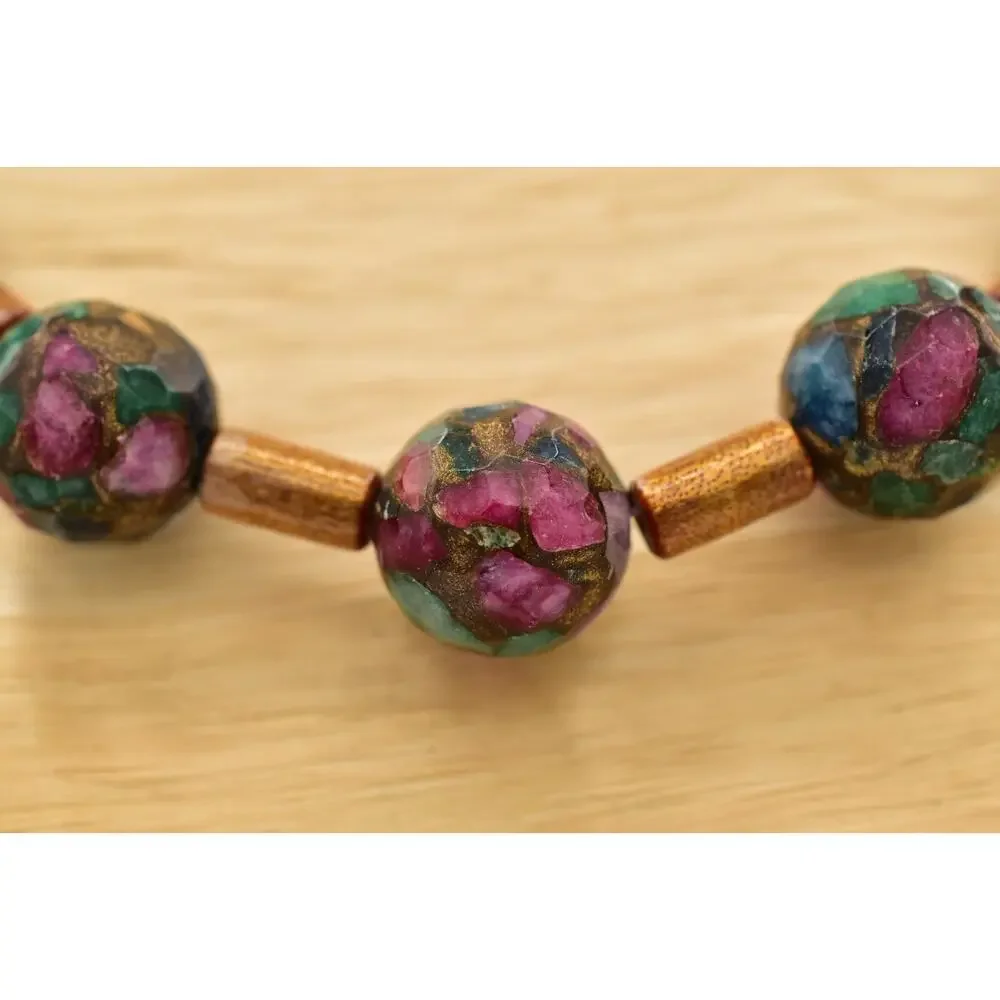 Vintage Mosaic Faceted Marble Beaded Necklace Multi-Color Chunky 1960s BinBD